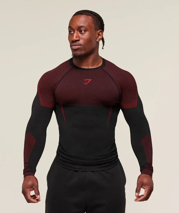 Gymshark Onyx 5.0 Seamless Long Sleeve T-Shirt - Black/Carmine Red
